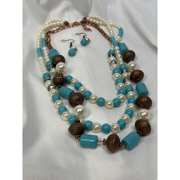 SOUTHWEST TURQUOISE PEARL FANCY Western Rodeo Cowgirl Fashion Necklace Set New - Picture 2 of 16